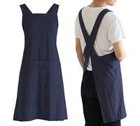 Tabliers de cuisine japonais en lin croisé dans le dos pour homme avec poches pour la pâtisserie, la peinture, le jardinage, le nettoyage, bleu marine, taille unique