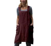 Tabliers en lin de coton style japonais en forme de X Poches doubles de couleur unie de cuisine Fabrication jardinage (vin rouge, XL)