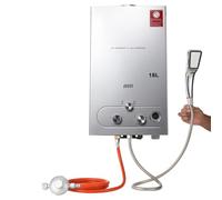 TABODD 18L Chauffe-eau à Gaz Propane avec Régulateur de Pression, 36KW Chauffe-eau Instantané GPL Brûleur Portatif de Chauffe - eau Instantané sans Réservoir avec avec Kit Douche pour Camping, Argent