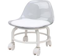 Tabouret à roulettes bas avec dossier – acrylique, blanc transparent, silencieux et n'abîme pas les sols, roulettes pivotantes à 360°, pour se changer de chaussures, bureau et atelier