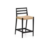 Tabouret Analy avec dossier en chêne massif finition noire et assise de 65 cm en corde certifiée FSC 100 %.