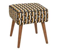 Atmosphera Créateur d'Intérieur - Tabouret d'Appoint Chiara Tissu Chenille Noir Ocre Blanc Motif Jacquard Pieds Bois Hévéa Confortable Rétro Vintage