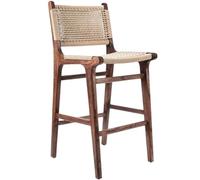 Tabouret de bar d'extérieur en bois massif naturel et rotin tissé à la main, style harmonie bohème pour terrasse, cour et piscine
