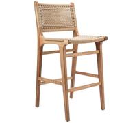 Tabouret de bar d'extérieur en bois massif naturel et rotin tissé à la main, style harmonie bohème pour terrasse, cour et piscine