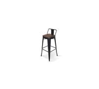 KOSMI - Tabouret de bar en métal noir mat et assise en bois foncé avec dossier - Hauteur assise 66 cm
