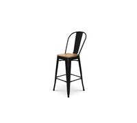 KOSMI - Tabouret de bar en métal noir mat style industriel avec dossier haut et assise en bois clair - Hauteur 66cm