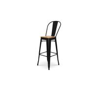 Tabouret de bar en métal noir mat style industriel avec dossier haut et assise en bois clair - Hauteur 76 cm