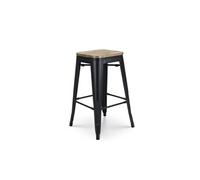 Kosmi Tabouret de Bar en métal Noir Mat Style Industriel et Assise en Bois Clair - Hauteur 66 cm