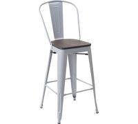 Tabouret de bar HWC-A73 incl. assise en bois, chaise de bar tabouret de comptoir avec dossier, métal design industriel ~ gris