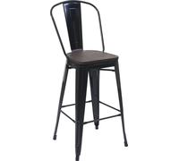 Tabouret de bar HWC-A73 incl. assise en bois, chaise de bar tabouret de comptoir avec dossier, métal design industriel ~ noir