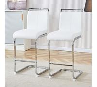 Tabouret de bar nordique - 2 pièces - Cuir synthétique blanc - Pieds en métal argenté - 96,5 cm