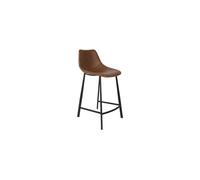 Tabouret de comptoir en cuir marron, assise arrondie, repose-pieds, coutures apparentes - Dutchbone, Franky - 45x52x91 cm