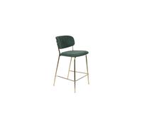 Tabouret de comptoir en tissu vert foncé, structure métal doré, dossier moelleux incurvé - White Label, Jolien - 54x48x89 cm