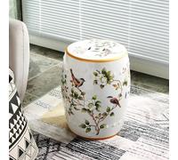 Tabouret de Jardin Décoratif en Céramique, Tabouret Rond en Céramique de Style Chinois, Surface Vitrée Avec Motif Camélia Peint À La Main(White)