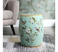 Tabouret de Jardin Décoratif en Céramique, Tabouret Rond en Céramique de Style Chinois, Surface Vitrée Avec Motif Camélia Peint À La Main(Light blue)