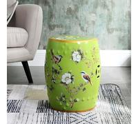 Tabouret de Jardin Décoratif en Céramique, Tabouret Rond en Céramique de Style Chinois, Surface Vitrée Avec Motif Camélia Peint À La Main(Green)