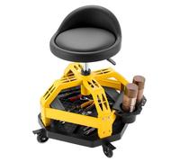 Tabouret de travail mobile sur roulettes, hauteur réglable de 500 à 650 mm, rotation à 360°, capacité de 150 kg, tabouret de travail pour garage et mécanique avec dossier, bac de rangement pour outils