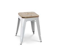 Kosmi Tabouret en métal Blanc Mat Style Industriel et Assise en Bois Clair - sans Dossier - Hauteur 46 cm
