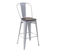 Mendler Tabouret de bar HWC-A73 – siège en bois, dossier, métal, design industriel gris