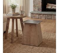 Tabouret HWC-L76, pouf en bois, bois massif industriel certifié MVG, naturel avec aspect métal