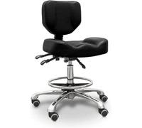 Tabouret hydraulique avec dossier, assise et repose-pieds, de couleur noire, revêtement en similicuir, structure en acier chromé, antidérapant, ergonomique, taille unique