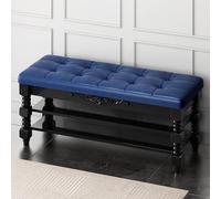 Tabouret ottoman vintage en bois massif avec assise touffetée en cuir à 3 niveaux et banc de rangement pour salon, chambre à coucher, entrée - Marron 90 x 30 x 48 cm