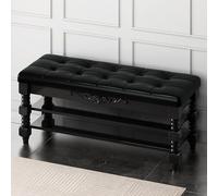 Tabouret ottoman vintage en bois massif avec assise touffetée en cuir, banc de rangement à 3 niveaux et étagère à chaussures pour salon, chambre à coucher et entrée - Marron 90 x 30 x 48 cm