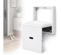 Tabouret Pliant Mural Gain De Place avec Fonction Escamotable, Supportant Jusquà 150 Kg, en Bois Massif avec Assise en Cuir, Idéal pour Une Entrée Ou Une Cabine Dessayage. White