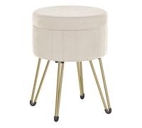 Tabouret Rangement, Siège Rond, Tabouret Coiffeuse, Pouf en Velours, Repose-pieds, 39 x 44,4 cm (Diamètre x H), Blanc Crème