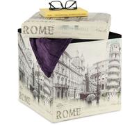 Tabouret Rangement Vintage, Motif Carte Postale Ancienne, Pliable, Matelassé, Hxlxp : 38x37,5x37,5 Cm, Blanc - Relaxdays