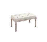 Tabouret repose-pied capitonné style classique - bois d'hévéa sculpté, patiné - revêtement aspect lin beige