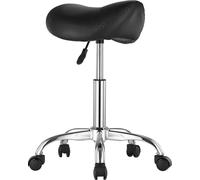 Tabouret selle pivotant à roulettes en cuir PU, hauteur réglable, noir