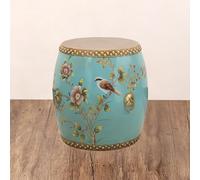 Tabouret Tambour en Bois Massif Style Chinois Décor Peint À La Main Aux Motifs D’Oiseaux Et Fleurs avec Dessus en Cuir De Vache, Et Terrasse Extérieure(Blue)