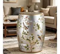 Tabouret Tambour en Céramique Vernissée Décor Peint Oiseaux Et Fleurs Style Chinois, Tabouret De Jardin Polyvalent Disponible en Six Couleurs pour Salon Et Terrasse(Silver)