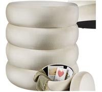 Tabouret - TECTAKE - Tabouret avec espace de rangement ALTU en bois MDF rond à l'aspect bouclé, Ø 42 x 47 cm - Crème/Blanc