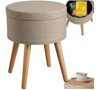Tabouret - TECTAKE - Tabouret rond YARA avec coffre de rangement et tissu aspect lin, rembourré, Ø 42,5 x 45,5 cm - Sable