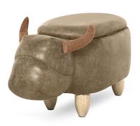 HOMCOM Tabouret de rangement buffle animaux repose-pieds mignon amusant pour enfant bois d'hévéa tissu avec tapis antidérapant marron