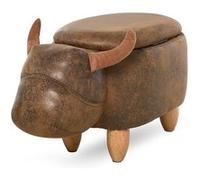 HOMCOM Tabouret de rangement buffle animaux repose-pieds mignon amusant pour enfant bois d'hévéa tissu avec tapis antidérapant marron