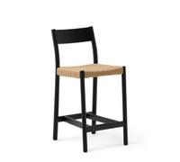 Tabouret Yalia avec dossier en chêne massif finition noire et assise de 65 cm en corde certifiée FSC 100 % naturelle.