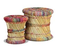 Tabourets Chindi 2 PCs bambou multicolore avec pieds en acier | Bambou, détails colorés, pieds en acier, repose-pieds, table d'appoint, décoration, différentes tailles