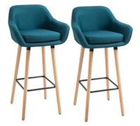 Tabourets de bar design scandinave - lot de 2 tabourets de bar grand confort avec repose-pieds et accoudoirs - bois de hêtre lin bleu canard