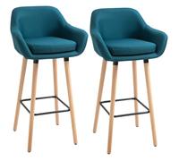 Tabourets de bar - HOMCOM - lot de 2 design scandinave grand confort avec repose-pieds et accoudoirs - bois massif lin - bleu
