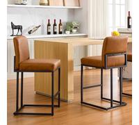 Tabourets de bar - Lot de 2 - Revêtement en similicuir - Avec dossier - Structure en métal - Hauteur de comptoir pour îlot de cuisine - Marron