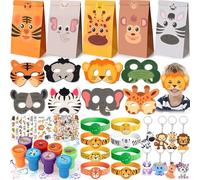 Tacobear 98pcs Animaux de la Jungle Cadeau Anniversaire Enfants avec Masque en Feutre Porte-clés Tampon Bracelet en Silicone Autocollant Tatouage Animal Sac Cadeau Pinata Anniversaire Garçon Fille