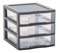 Tag Tower, petite tour de rangement en plastique gris, 3 tiroirs transparents format A6, hauteur 17 cm, superposable