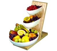 TAHLBERG Présentoir à fruits 100 % fabriqué au Portugal - Corbeille à fruits en bois de qualité supérieure - Présentoir à fruits à 3 étages - Bol à fruits en céramique - Présentoir à fruits pour
