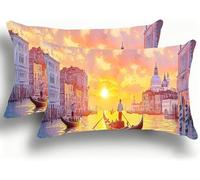 Taie Oreiller 25x50 Lot de 2 Lin de Coton Protege Oreiller, Coussin Exterieur Impermeable avec Fermeture Éclair Invisible,Housse de Coussin Jardin Pillow Ville d'eau De Venise Paysage W0VJ-558