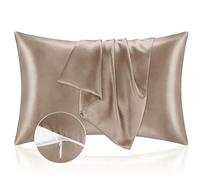 Taie Oreiller 50x70 en Satin, Housse Oreiller Satinées Protège Peau et Cheveux - Ultra Douce et Hypoallergénique - Lot de 2 Housse Coussin avec Fermeture Éclair Café