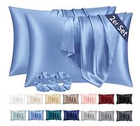 Taie Oreiller Satin 40x60 Lot de 2,Pillowcase pour Cheveux,Similaire Aux Taie d Oreiller en Soie,Taies d'oreillers 40x60 certifié Oeko-Tex Bleu & 2 Satin Chouchous Vielit