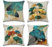 Taies coussin 40x40 cm ginkgo doré feuille bleu canard lot de 4 lin, déco scandinave canapé chaise lit tendance naturelle élégante